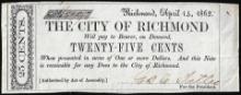 1862 Twenty-Five Cents The City of Richmond, VA Obsolete Note