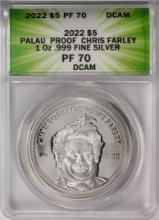 2022 $5 Palau Proof Chris Farley Silver Coin ANACS PF70DCAM