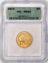 1913 $5 Indian Head Half Eagle Gold Coin ICG MS64