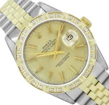 Rolex Mens Two Tone Champagne Index Diamond Datejust Wristwatch With Rolex Box