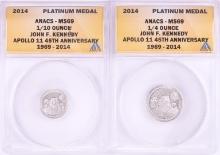 Set of 2014 Proof 1/10 & 1/4 oz Platinum JFK Apollo 11 Anniversary Medals ANACS MS69