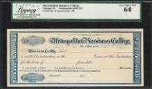1880's Metropolitan Business College Chicago, IL Obsolete Check Legacy Very Choice New 64