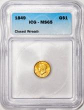 1849 Closed Wreath $1 Liberty Head Gold Dollar Coin ICG MS65