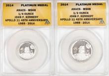 Set of 2014 Proof 1/4 oz & 1/2 oz Platinum JFK Apollo 11 Anniversary Medal ANACS MS68