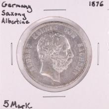1876 Germany Saxony Albertine 5 Mark Silver Coin