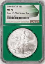 2005 $1 American Silver Eagle Coin NGC MS70 From US Mint Sealed Box Green Core