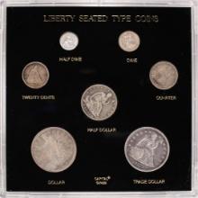 Lot of (7) Liberty Seated Type Coins in Capital Plastics Board