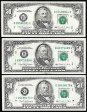Lot of (3) 1990 $50 Federal Reserve Notes Minor Offset Error