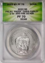 2022 $5 Palau Proof Chris Farley Silver Coin ANACS PF70DCAM