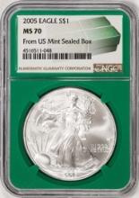 2005 $1 American Silver Eagle Coin NGC MS70 From US Mint Sealed Box Green Core