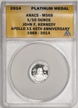 2014 Proof 1/10 oz Platinum JFK Apollo 11 Anniversary Medal ANACS MS68