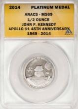 2014 Proof 1/2 oz Platinum JFK Apollo 11 Anniversary Medal ANACS MS69