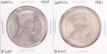 Lot of 1929 & 1931 Latvia 5 Lati Silver Coins