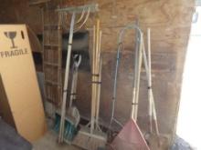 Large Group of Hand Tools, Shovels, Rakes, Brooms, Shephards Hook, Plant Ha