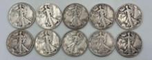 $5.00 face value in US 90% silver Walking Liberty half dollars. (10 pieces)