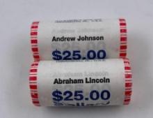 2010 bank wrapped Lincoln Presidential dollar roll. 2011 bank wrapped Andrew Johnson Presidential