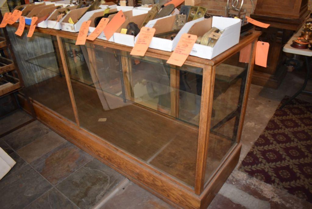 ANTIQUE OAK AND GLASS DISPLAY CABINET,