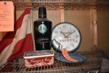 THINK SAFETY ELECTRIC WALL CLOCK, STARBUCK TIN AND