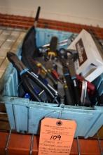 PLASTIC BIN WITH ASSORTED HAND TOOLS; SCREWDRIVERS,