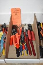 BOX W/ASSORTED STRIP & CRIMP TOOLS, MULTIMASTER SNIPS,