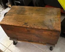 ANTIQUE wooden TRUNK ON WHEELS