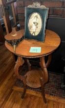 ROUND WOODEN END TABLE AND MISC