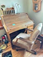 LARGE ROLL TOP DESK AND LEATHER DESK CHAIR