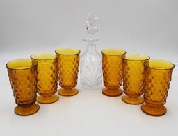 VINTAGE BARWARE- INDIANA GLASS WHITEHALL AMBER TALL GLASSES AND DECANTER