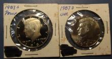 LOT OF 1987-D UNC & 1987-S PROOF CLAD KENNEDY HALF DOLLARS (2 COINS)