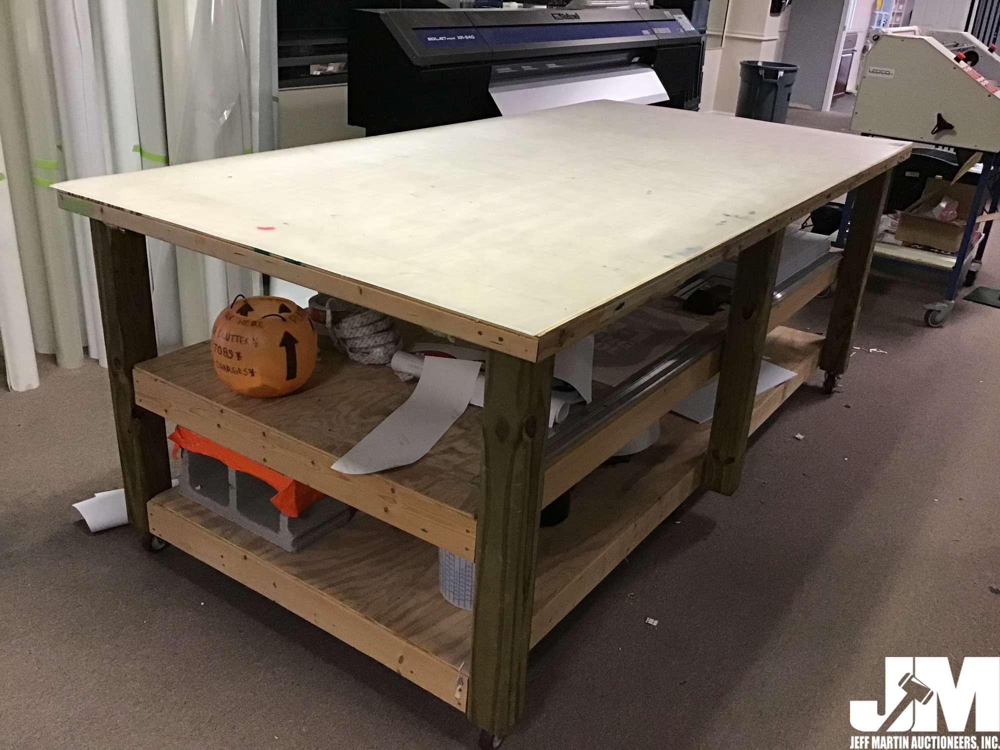 ROLLING WOOD WORK TABLE W/ (2) SHELVES, 96.5" X 48.5"