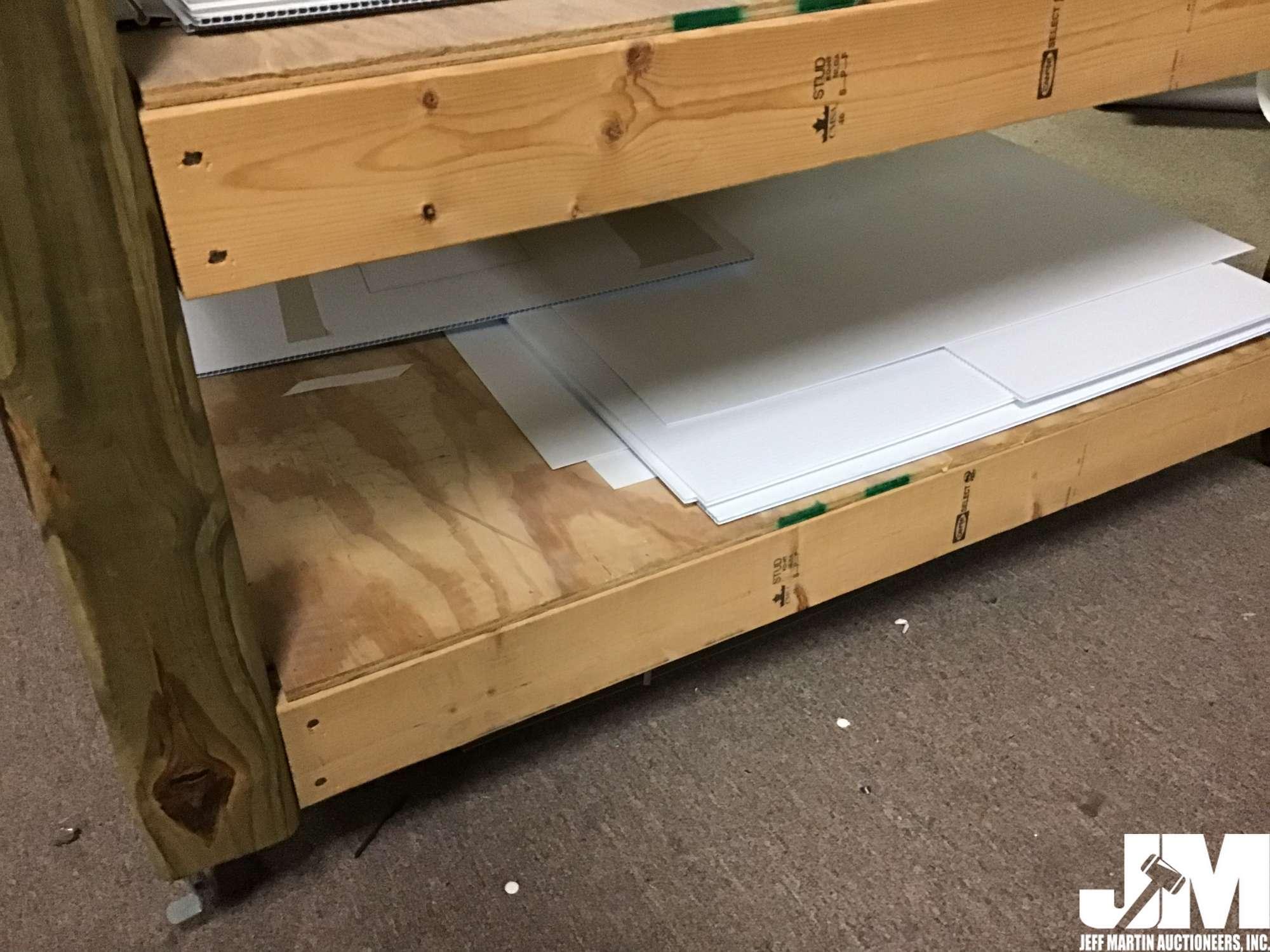 ROLLING WOOD WORK TABLE W/ (2) SHELVES, 96.5" X 48.5"