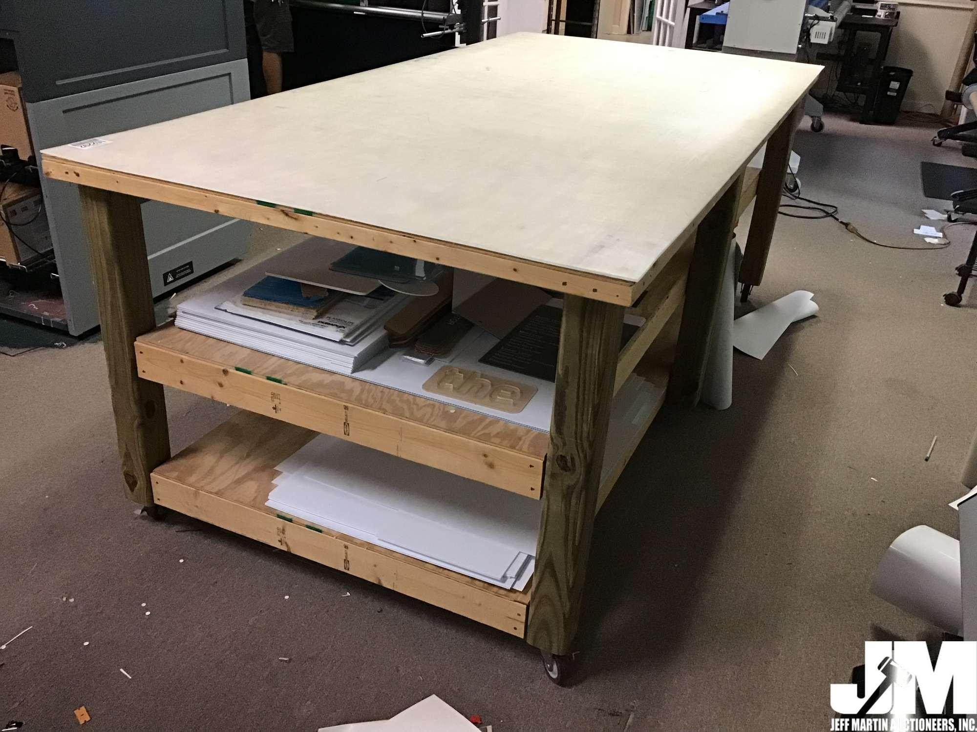 ROLLING WOOD WORK TABLE W/ (2) SHELVES, 96.5" X 48.5"