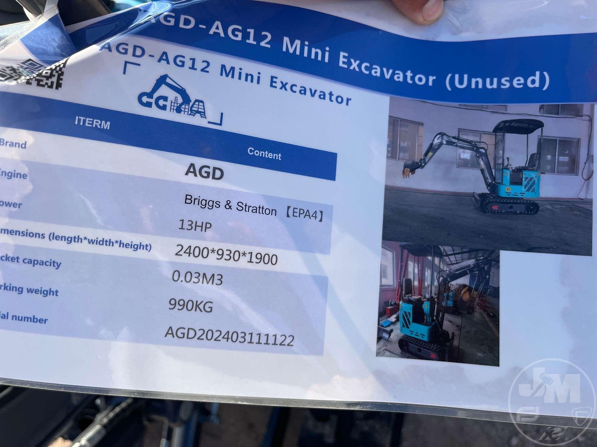 UNUSED 2024 AGD AG12 MINI EXCAVATOR SN: AGD202403111122