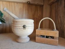 ITALY WOODEN MORTER PESTLE AND HANDLED BOX HOLDER