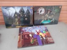 SET OF THREE HOME ACCENTS HOLIDAY 20-IN LED CANVAS WITH SOUND, WITCHES, HAUNTED, CLOWNS