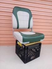 NICE COMFY FISHING CHAIR ON CRATE, SWIVEL, TILT LIFT