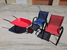 (2) STURDY KIDS OUTDOOR CHAIRS AND WHEELBARROW