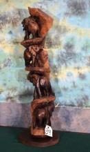 Four African Elephants Carving Fixed on Wood Stand