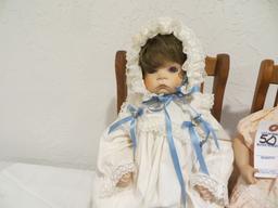 2 Sugar Britches with White dress and Phyllis in Pink Porcelen baby dolls with rocking chairs