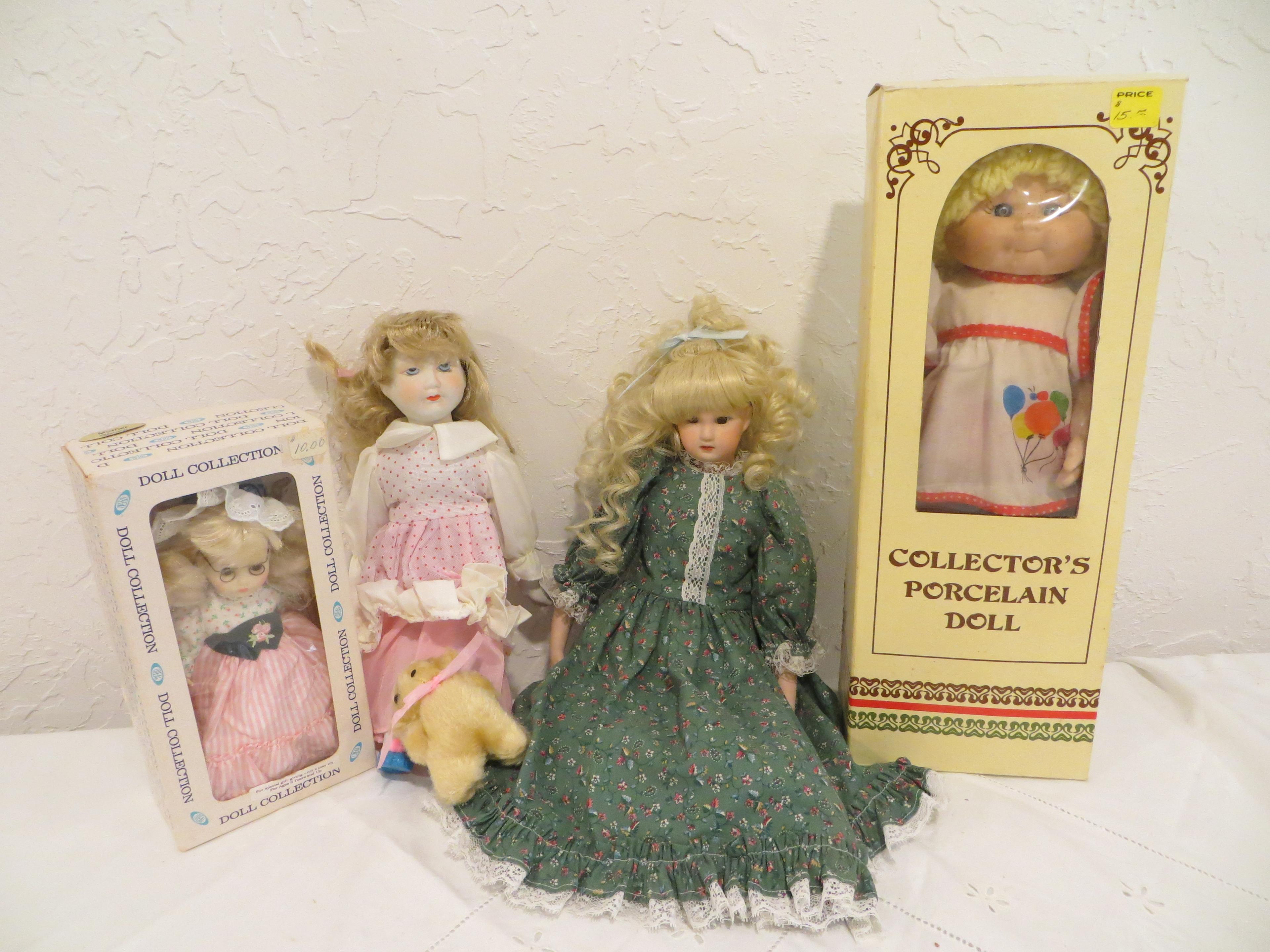 4 dolls- Jars Collector's Porcelain Doll, Ideal Doll, Goldilocks & bear set