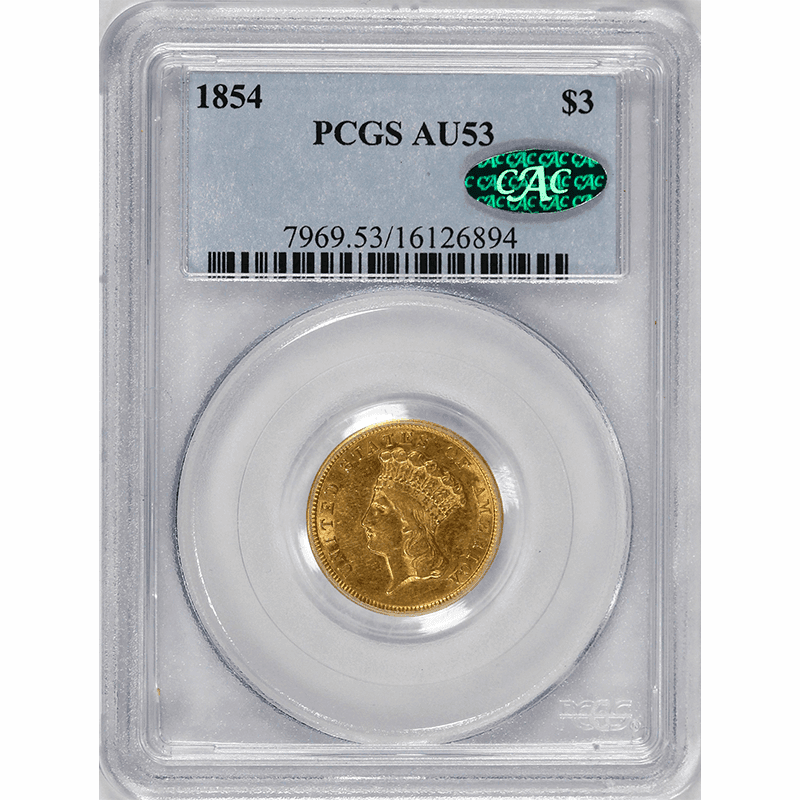 1854 $3 Princess Head Gold PCGS AU53 CAC