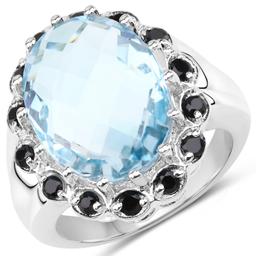 Plated Rhodium 11.93ct Blue Topaaz and Black Spinel Ring