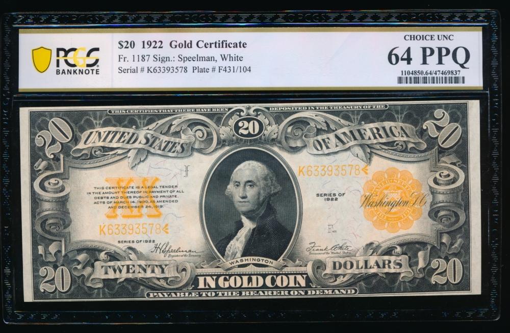 1922 $20 Gold Certificate PCGS 64PPQ