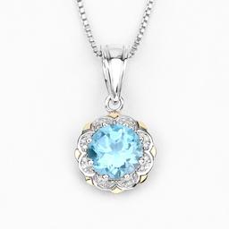 Plated Rhodium 2.25ct Blue Topaz and Diamond Pendant with Chain