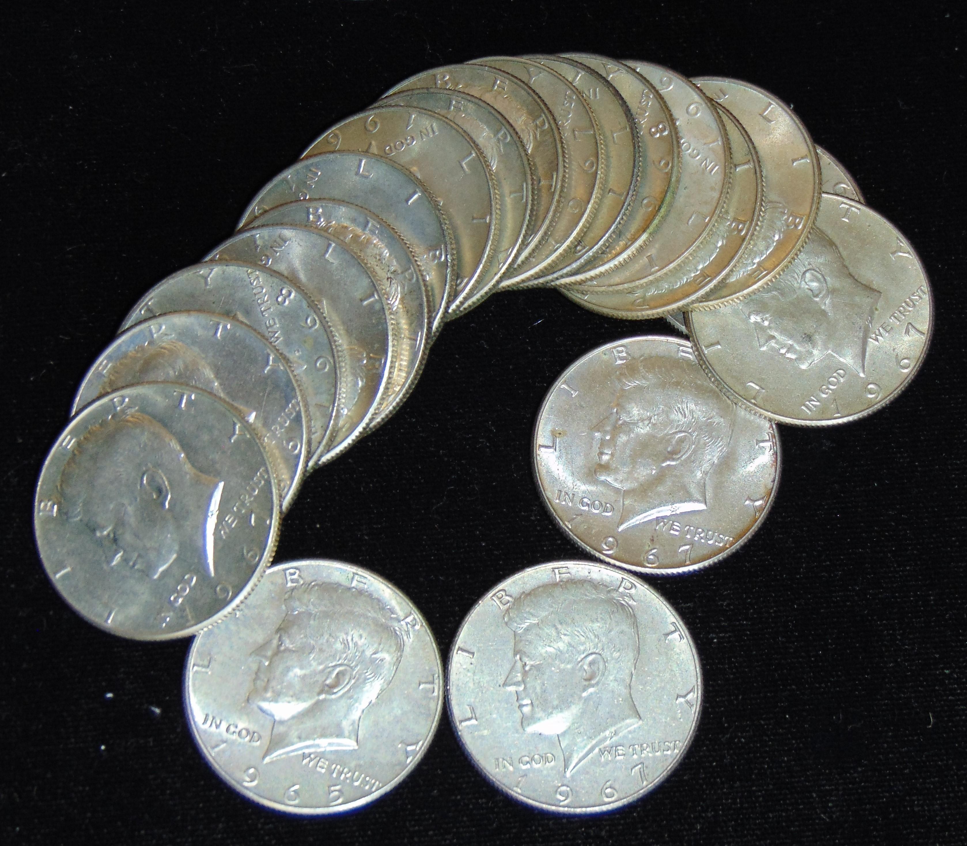 20 1965-1969-D Kennedy Half Dollars 40% Silver
