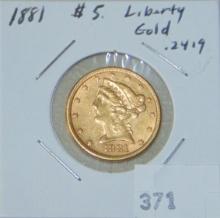1881 $5 Liberty Gold XF.
