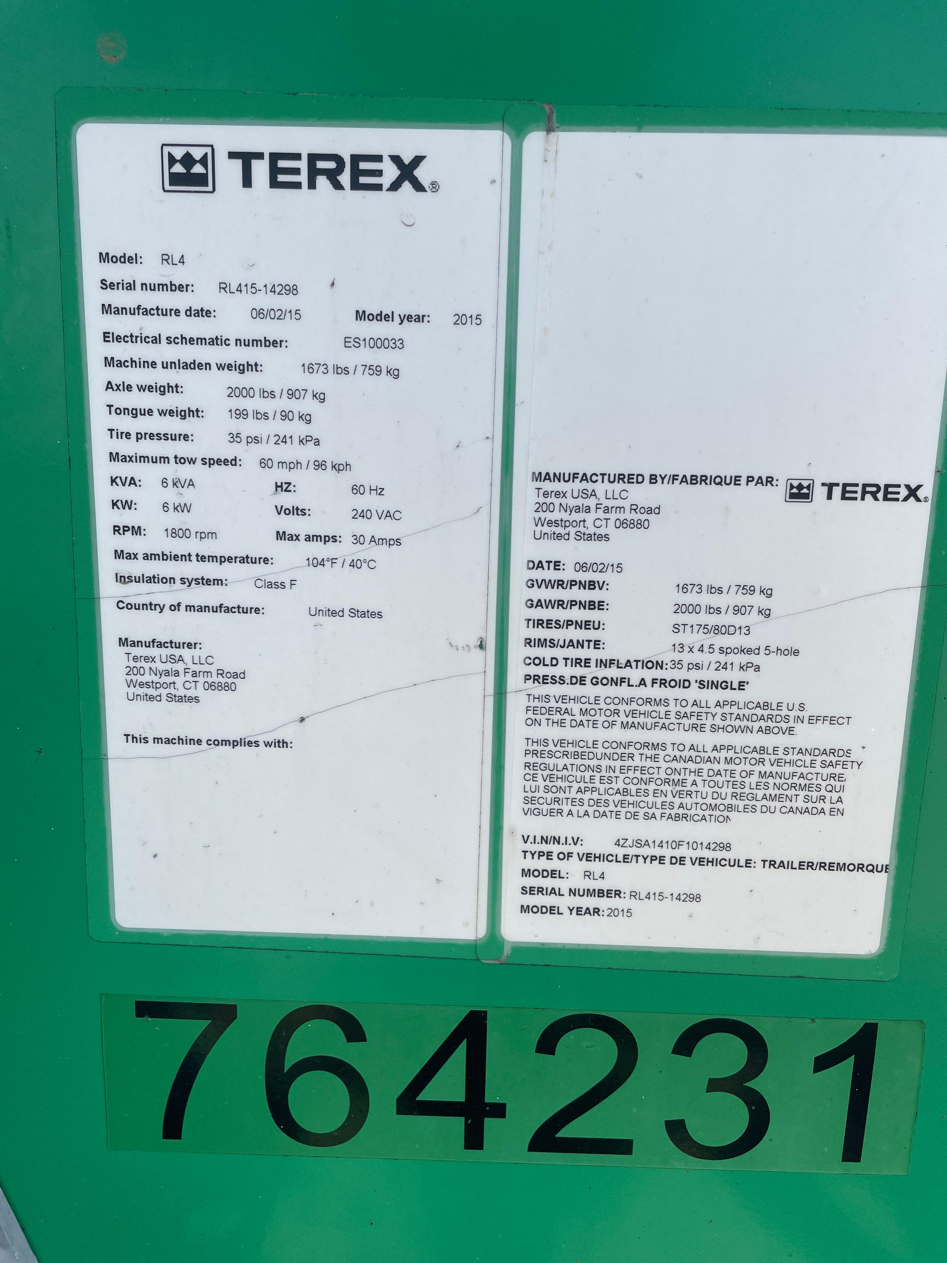2015 Terex RL4000 6KW Towable Light Tower