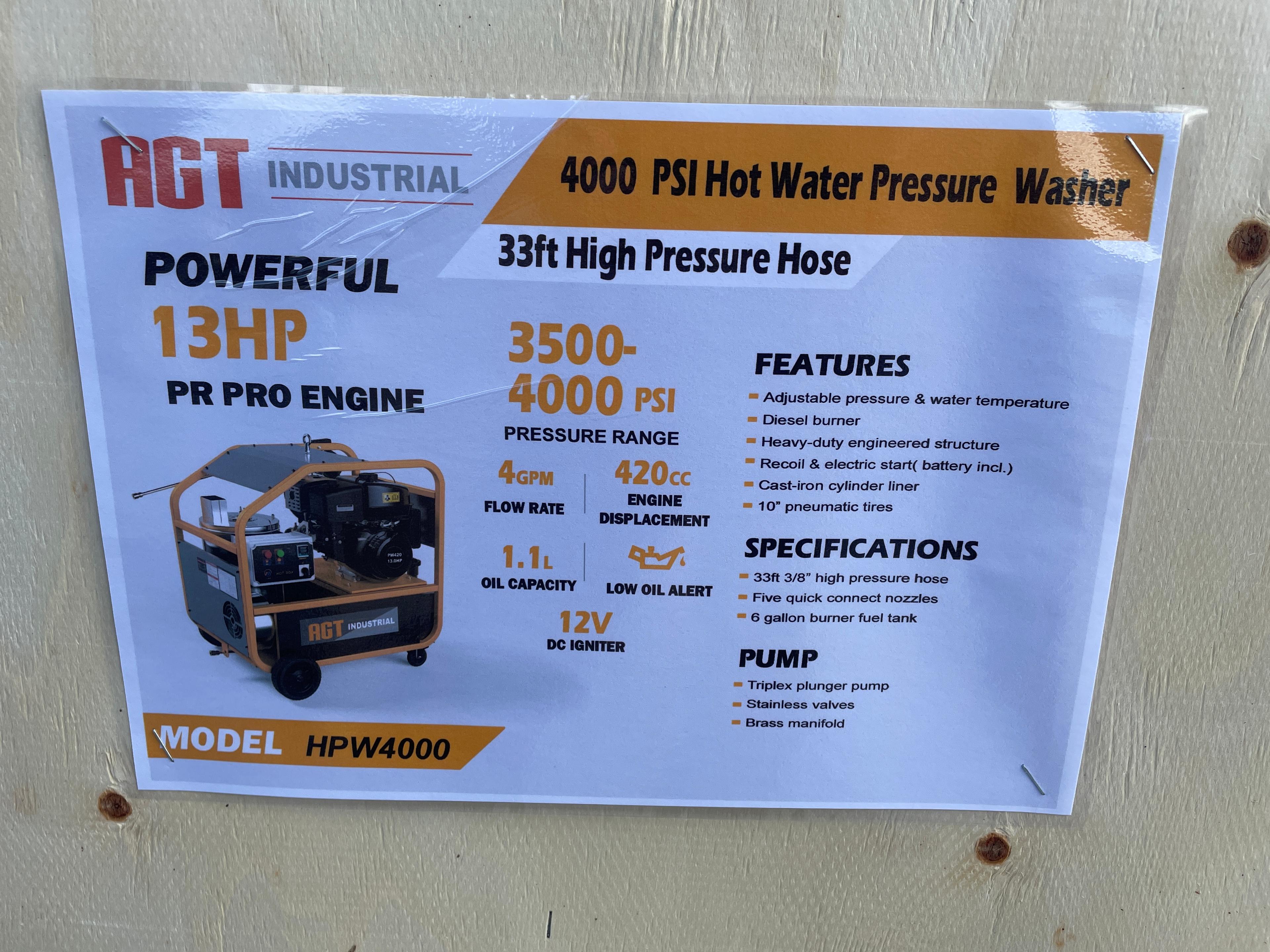 New AGT 4,000 PSI Hot Water Pressure Washer