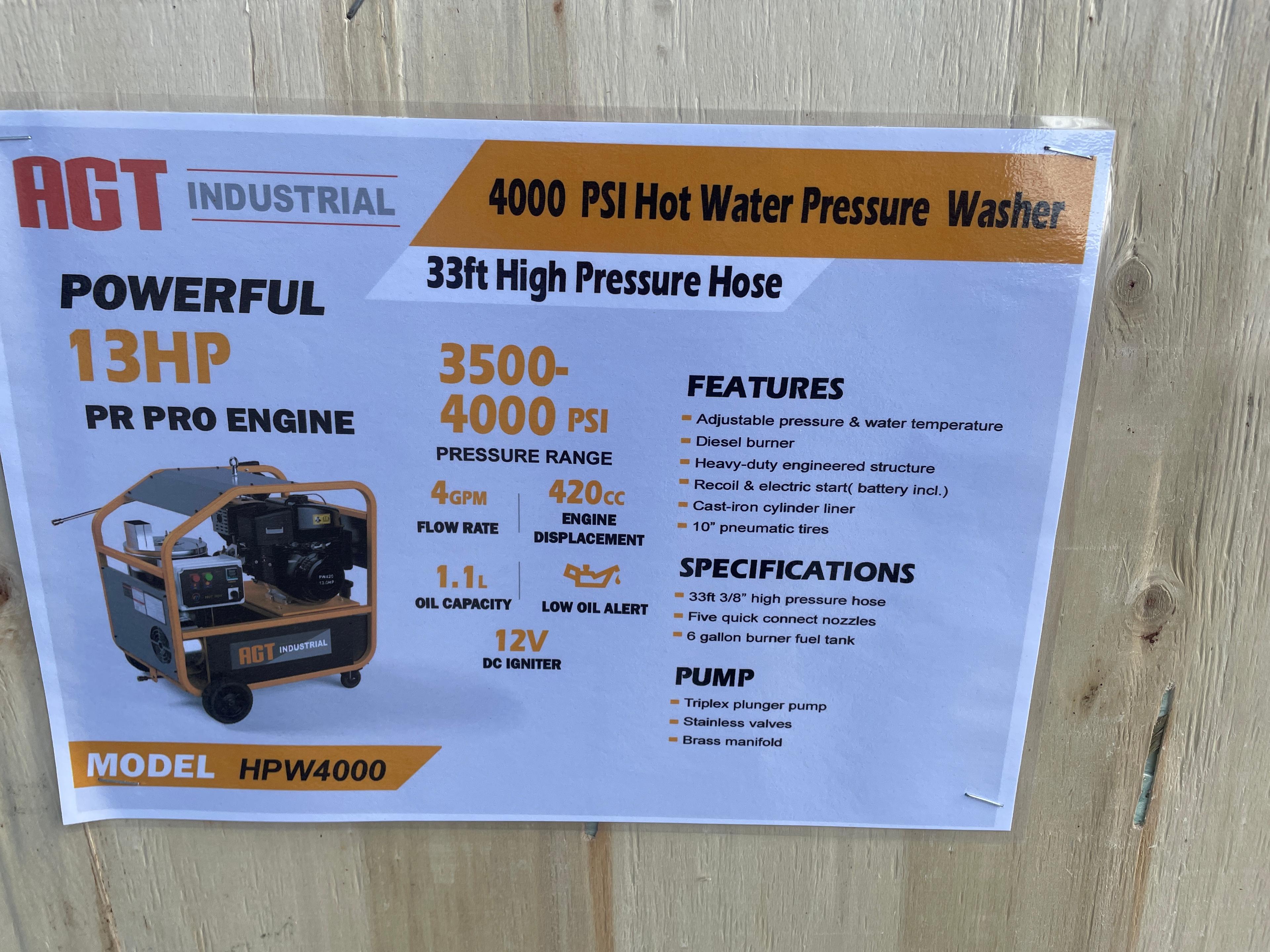 New AGT 4,000 PSI Hot Water Pressure Washer