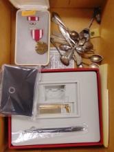 Variety of Spoons, Medal, Sheaffer Pen.